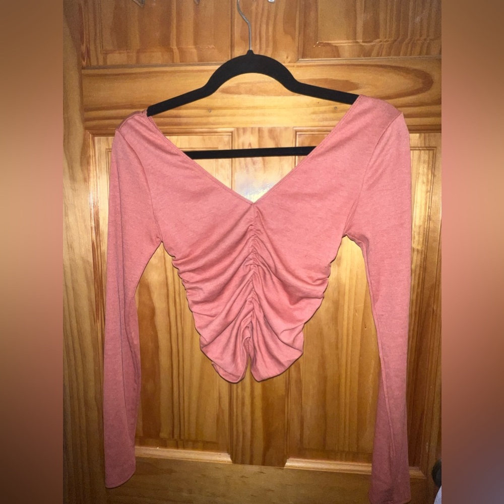 Rusty orange ruched long sleeve crop top